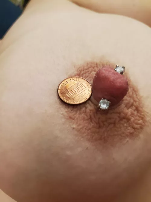 Measured with a penny. BTW, standard nipple rings don't fit her huge nips. :)