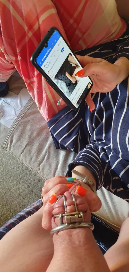 Scrolling big cock showing hubby what I need 