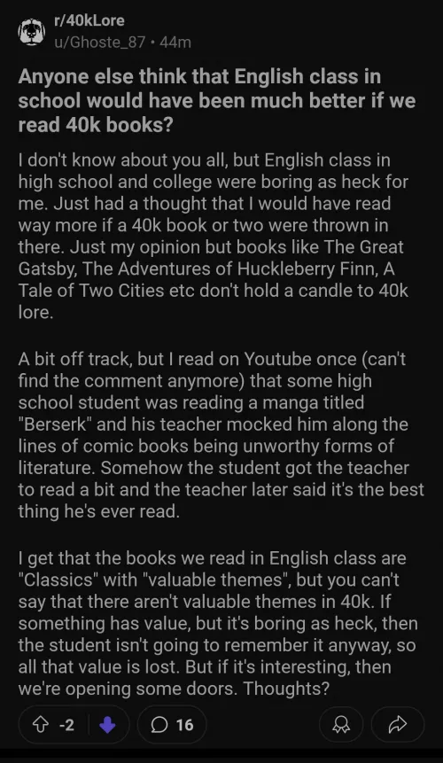 They should teach WH40K lore in school