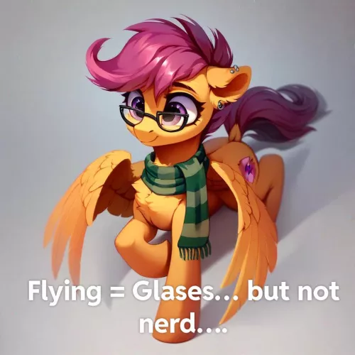 Turns out all Scootaloo needed was bear bottle glasses… to judge the distance. Now she can fly. Hey derpy! Maybe you should try?
