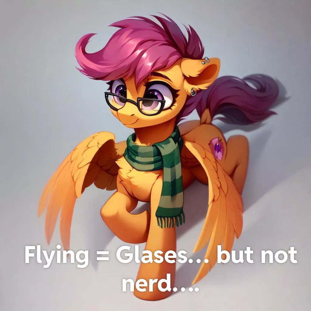 Turns out all Scootaloo needed was bear bottle glasses… to judge the distance. Now she can fly. Hey derpy! Maybe you should try?