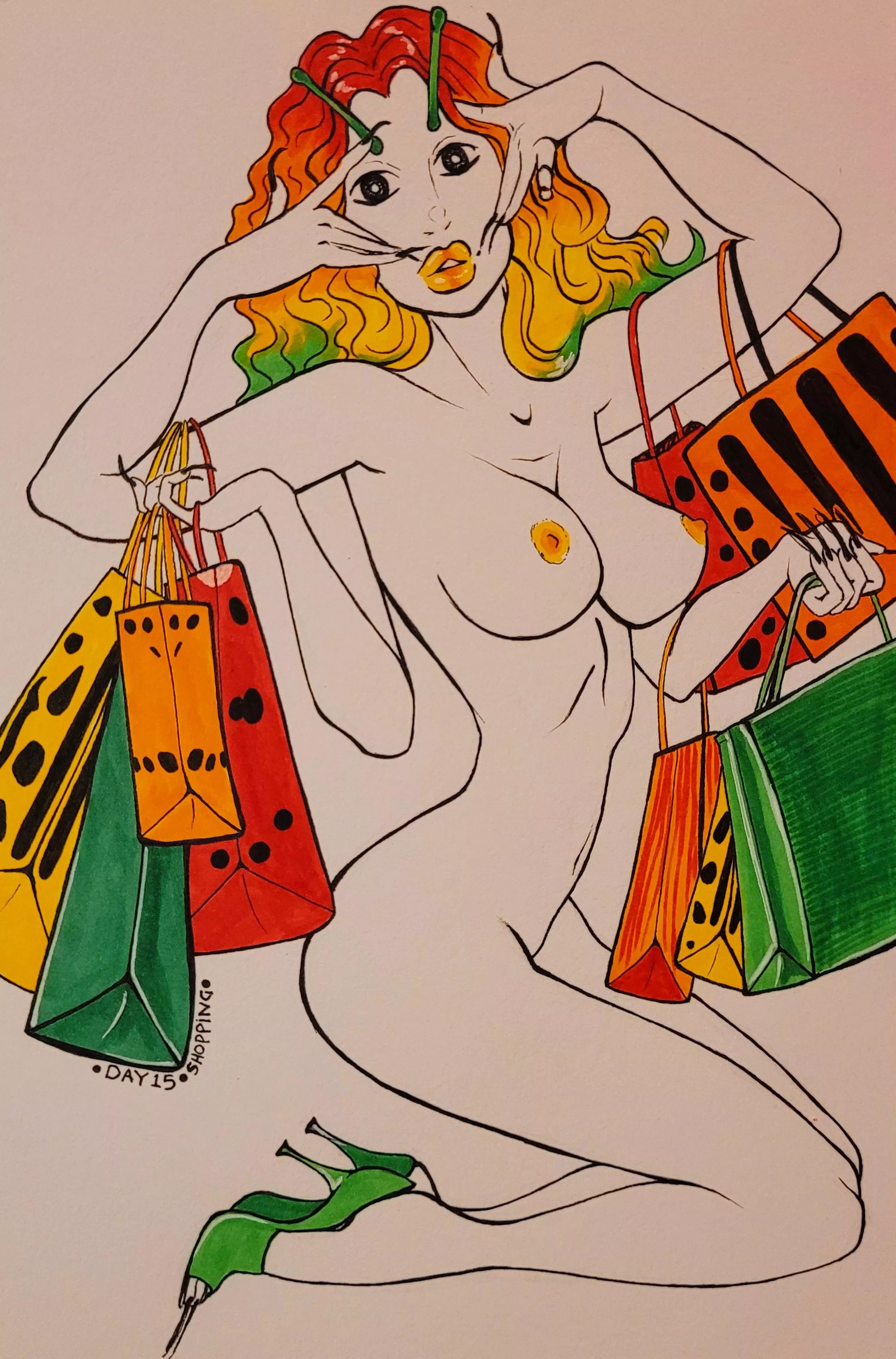 Drew a bug girl on a shopping spree for pinuptober day 15! 