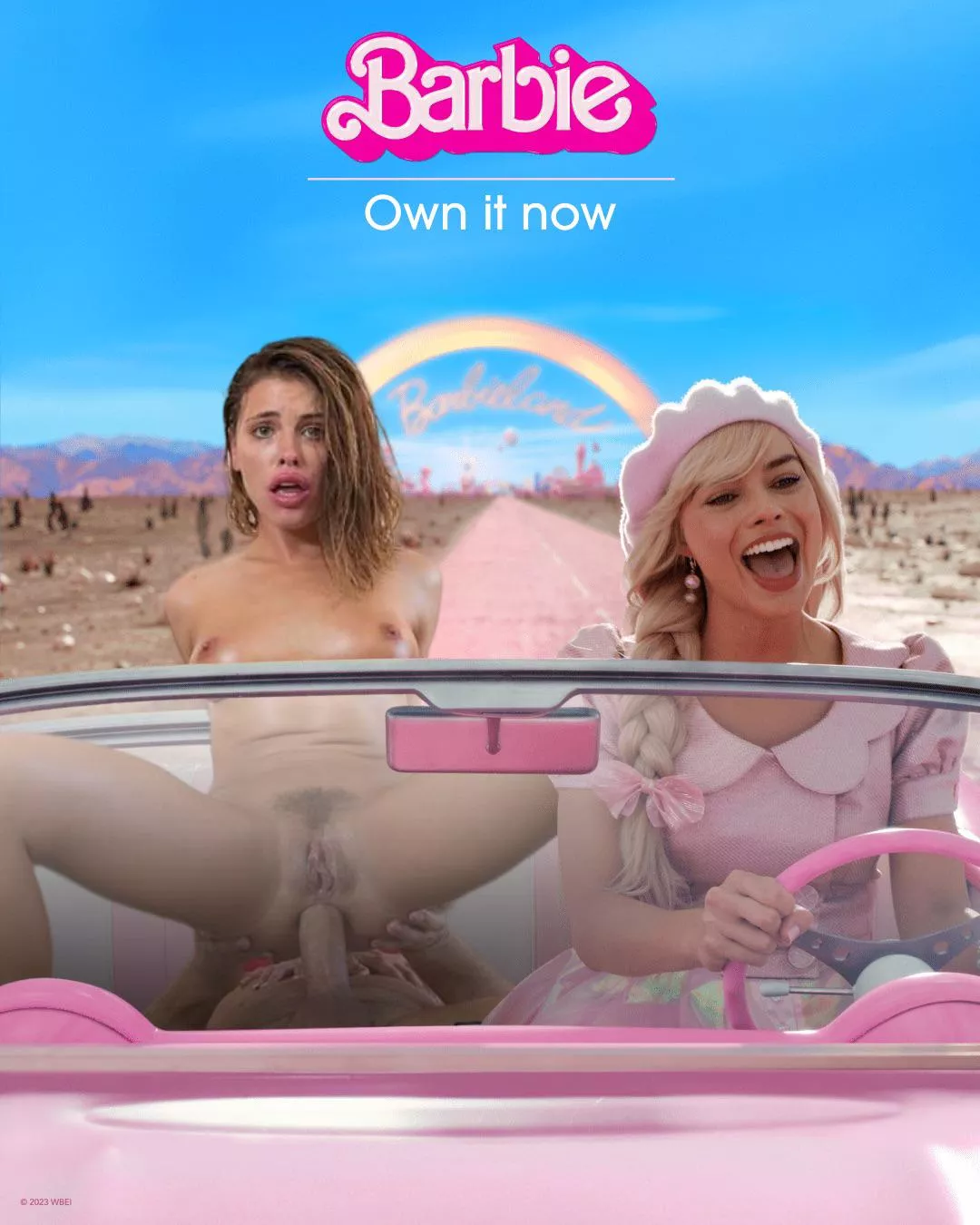 Adriana riding in the back seat of the Barbie car