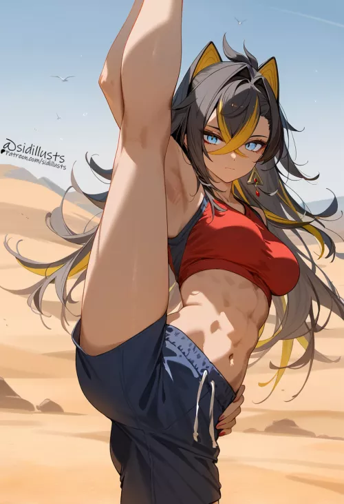 Dehya is doing some stretching [unknown] 