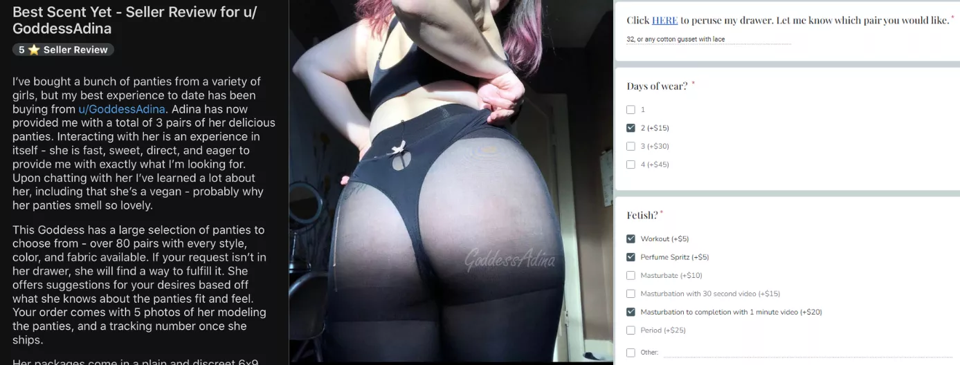 Glowing reviews, delicious booty, and a quick and efficient method of ordering products? What are you waiting for? All the information you need is pinned to my profile under ‘Info for Panty Buyers’. I look forward to wearing for you 😊 [selling]