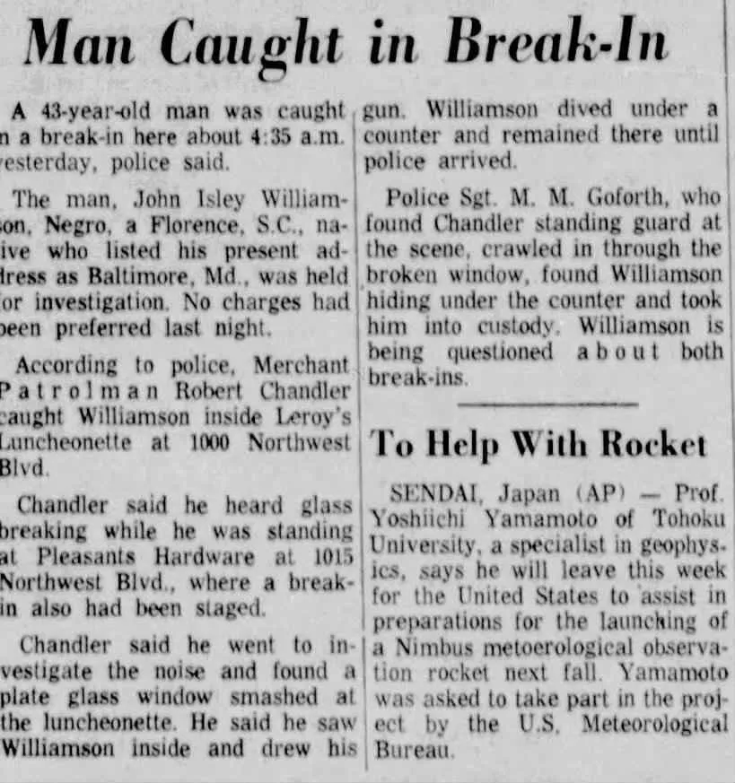 Newspaper article from 1962 of Bob's father (Chris's grandfather) stopping a robbery 