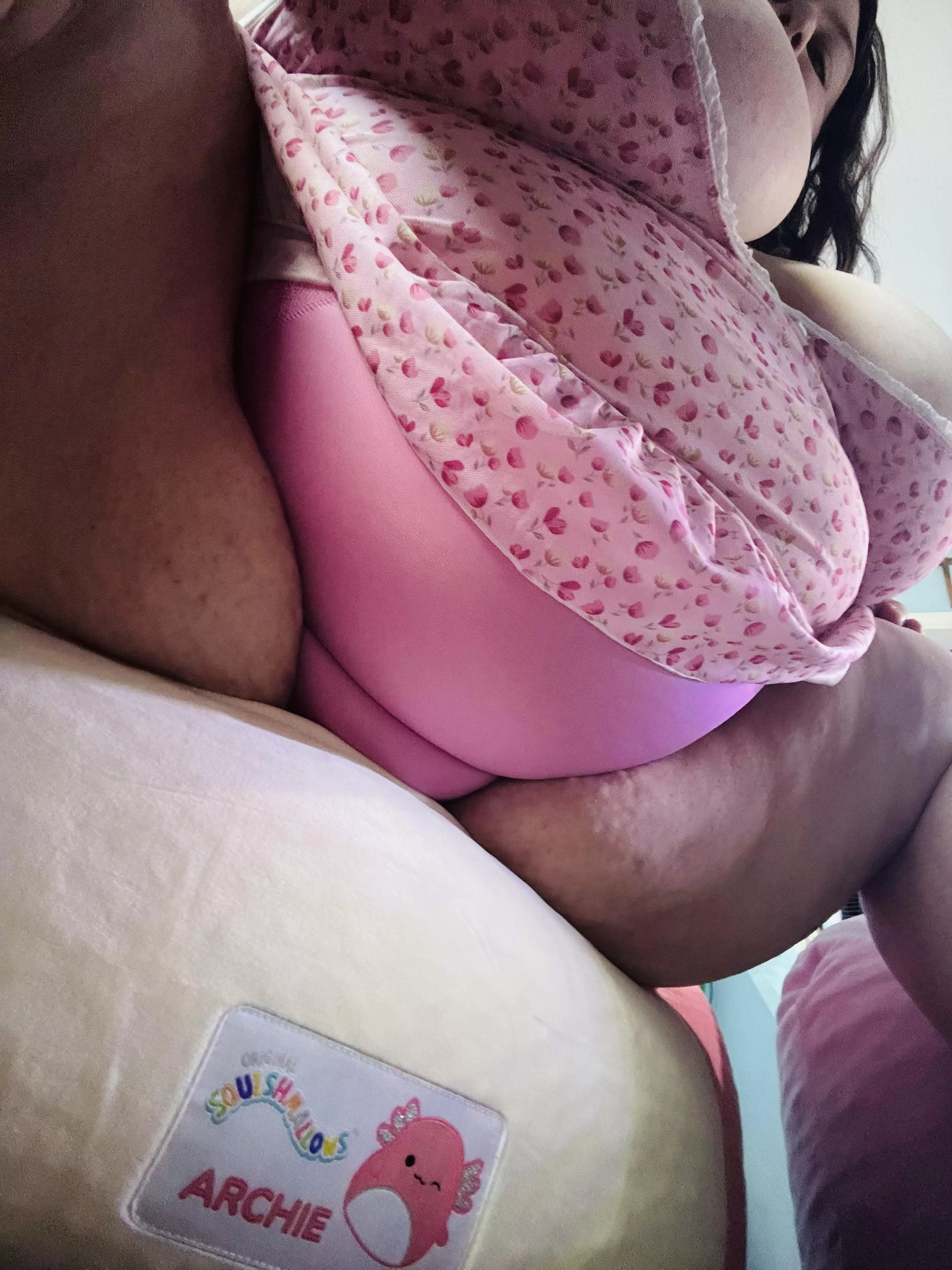 Sitting on my new squishmallow bean bag. Rather be sitting on you 