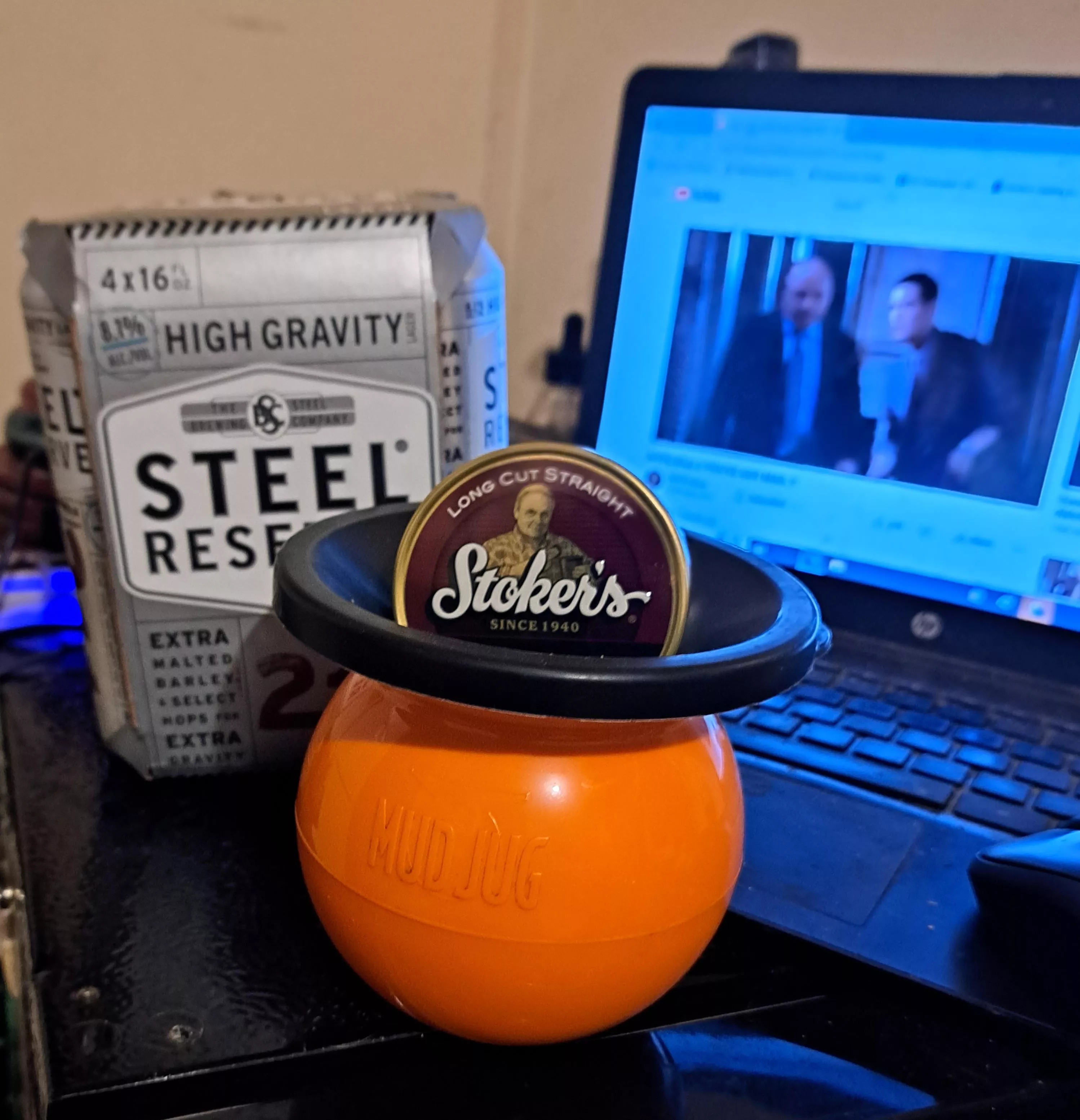 Stoker's long cut straight, Mudjug, Steel Reserve 4-pack, and NYPD Blue. 