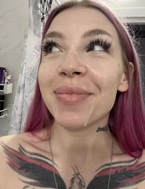 cum dripping down my face after I gave a guy a blowjob