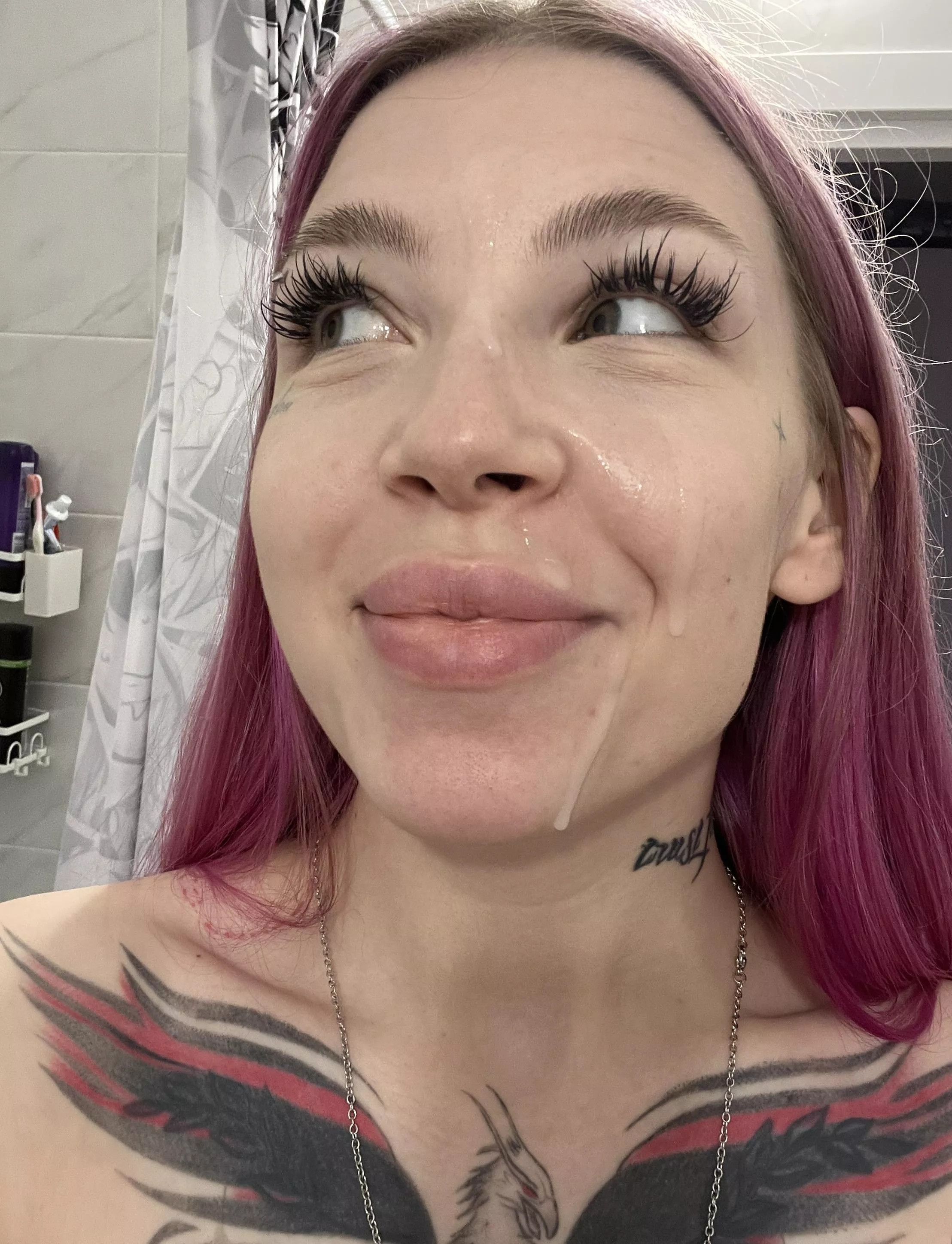cum dripping down my face after I gave a guy a blowjob