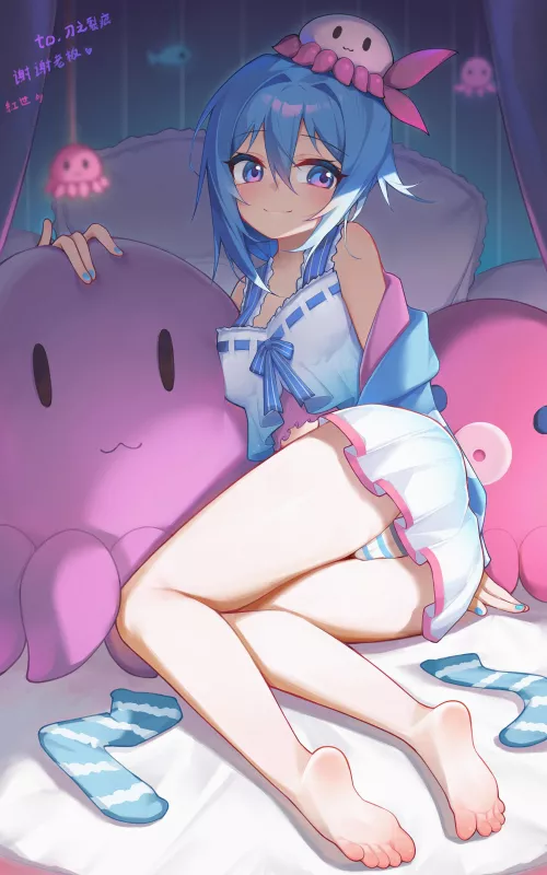 Haiyi laying with plushies (hongshi) [Vocaloid]