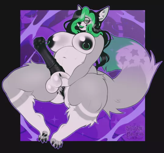 Lifting up her balls so she can rub her pussy (art by Satanic Bimbo)