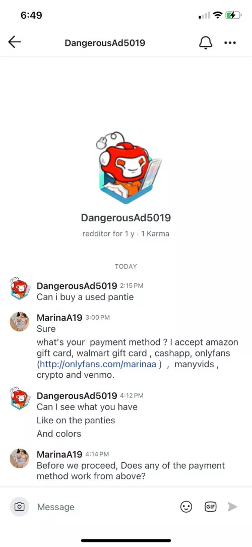 /u/DangerousAd5019/  just wants pics , avoids what payment question 