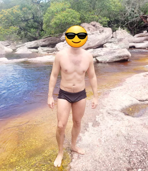 Wearing speedos at the waterfall 