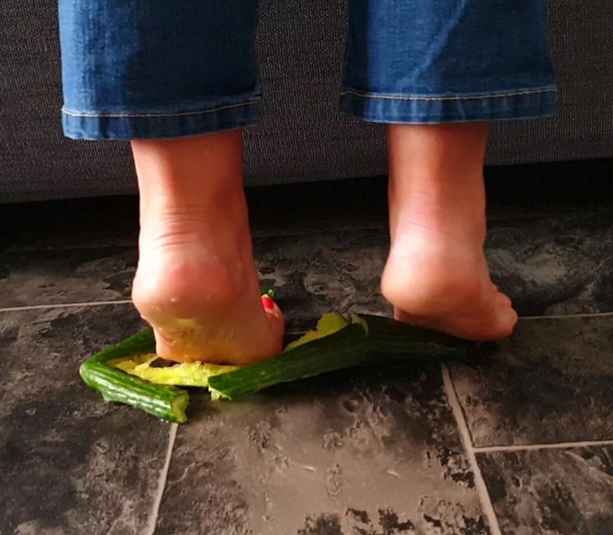 Barefoot cucumber crushing. 