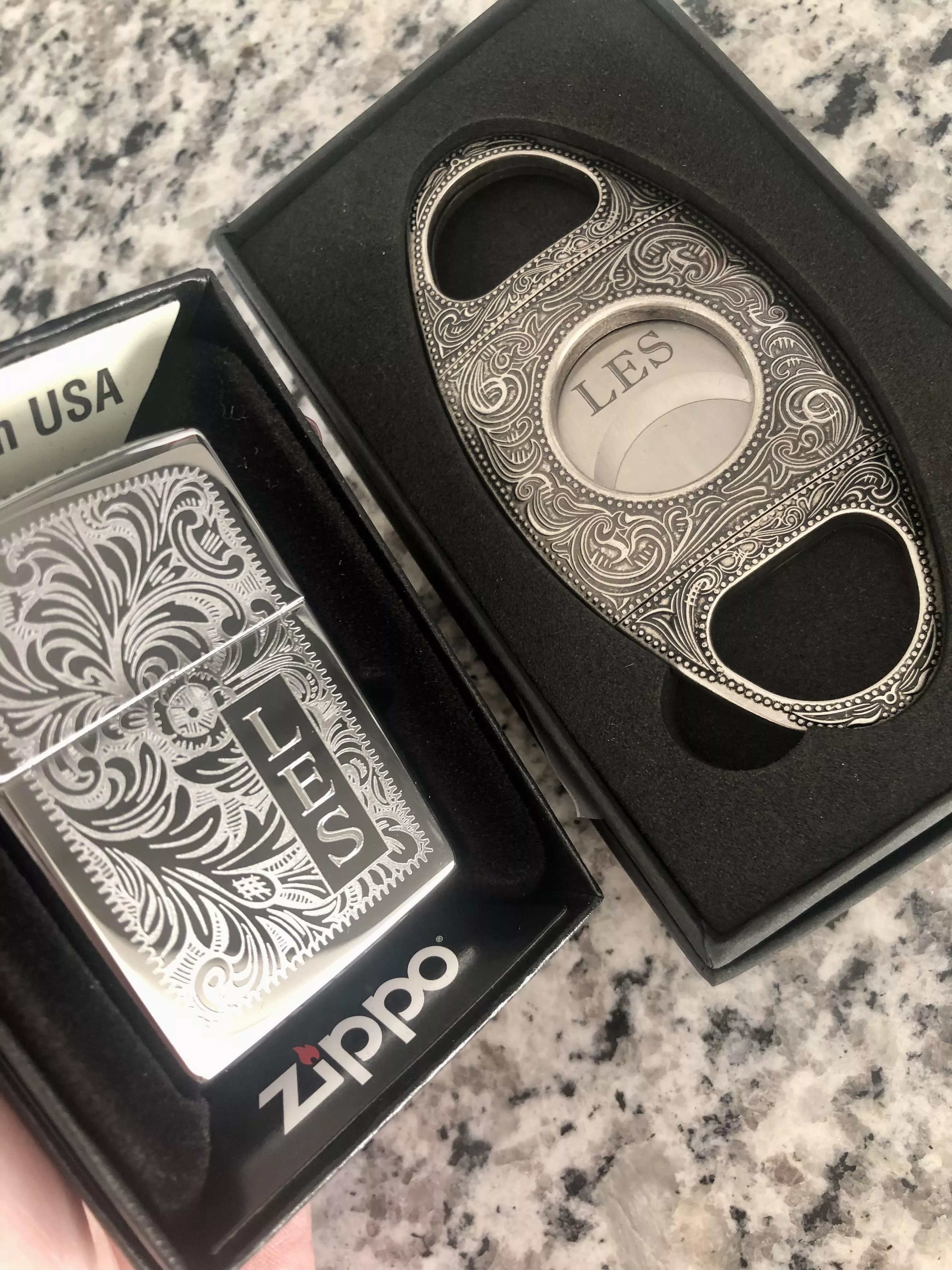 I know this is a long shot, but does anyone have the initials LES that would like this custom zippo and cutter?