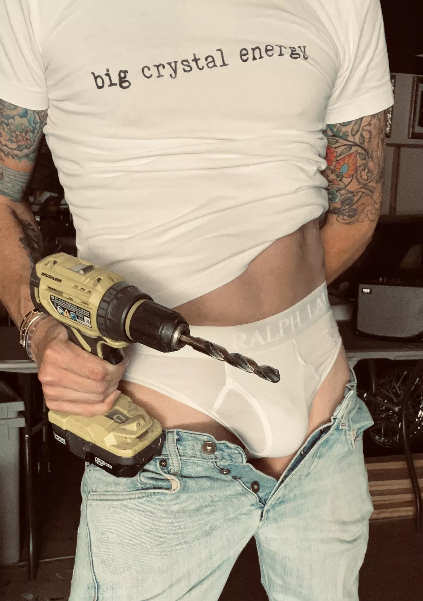 Putting a little effort into my composition.  I call this, “Drill, jeans and briefs.” I know. Original? What do you think? Should I do some more themed versions? 😂
