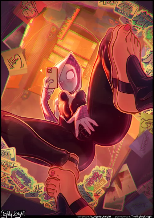 Spider-Gwen's costume mirror selfie (nighty knight)