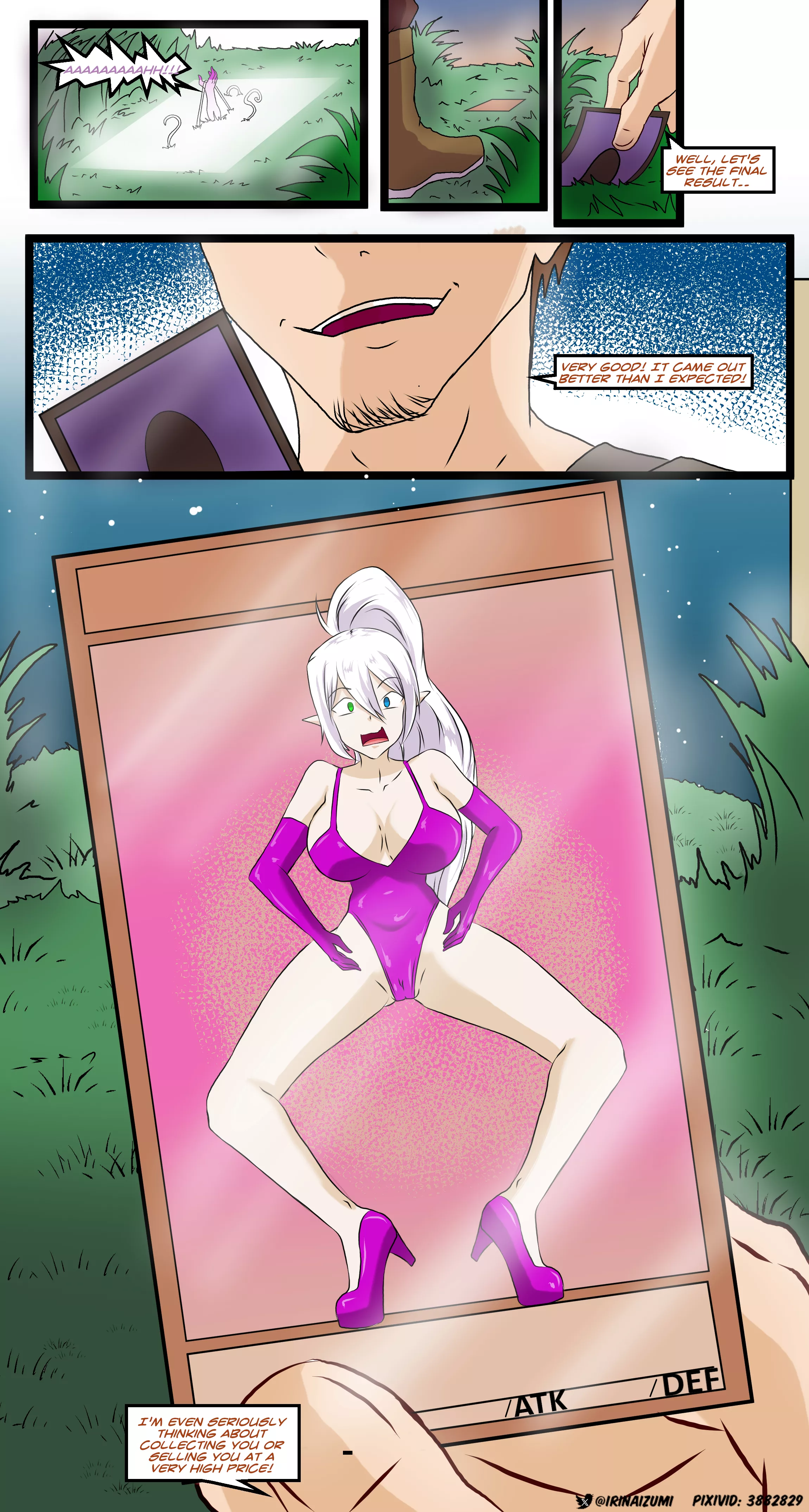 A card collector sets a trap for a dispersing adventuring group so he can turn them into cards one by one.
