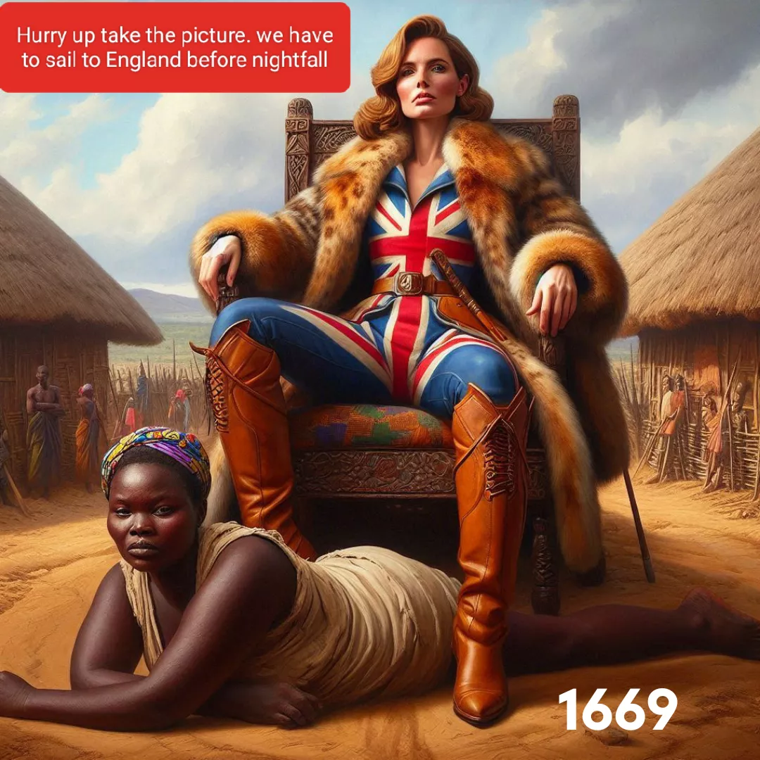 European female officer posing for a picture after capturing slave girl in a African village 