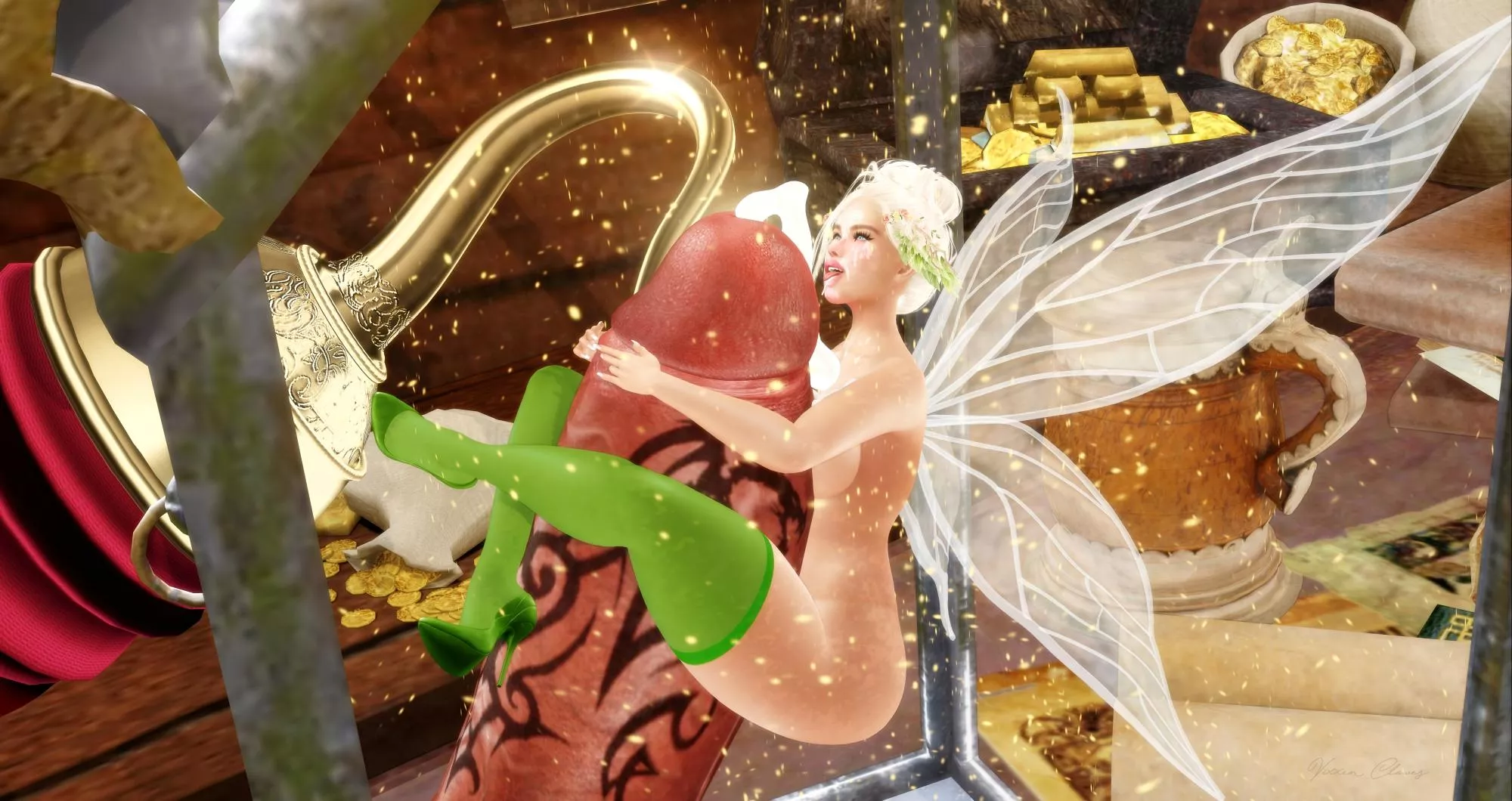 Hook. Tink has been captured by Hook again, but by the looks of it she doesn't seem to mind. [Created by me in second Life]