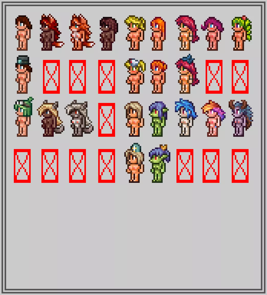 I've been thinking of making a nude texture pack with vanilla sprites, so I started making. WIP