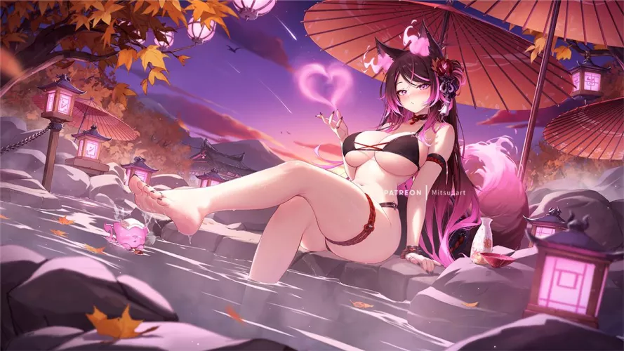 Sinder relaxing at an onsen 