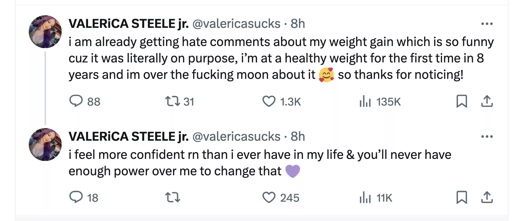 Valerica Steele on her weight gain
