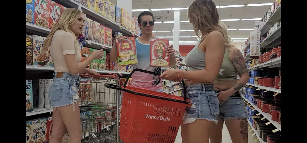 3 hotwifes go grocery shopping, his cereal game was on point