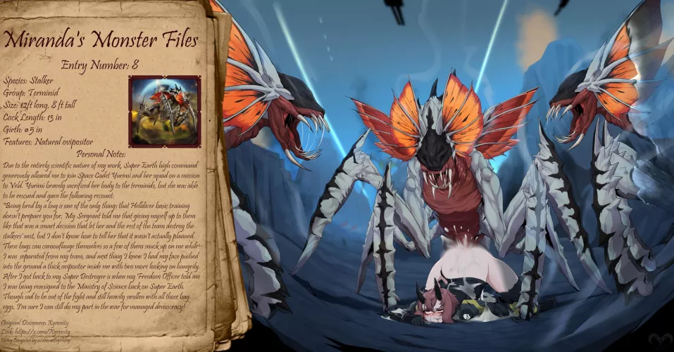 Researcher Miranda reporting from the Ministry of Science! Divers, see below for some information on this terminid menace! [Original by Xyrenity]