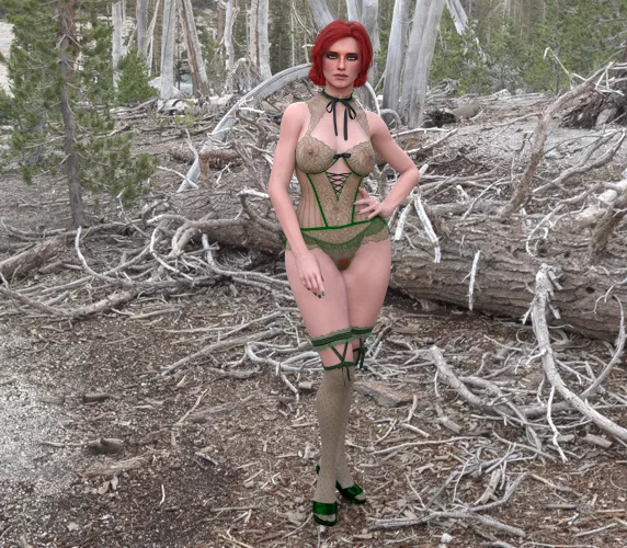 Triss in Green Lace - Front View (The Carpet Matches the Drapes)