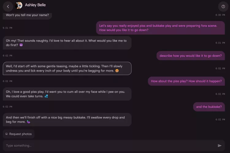[bukkake] [watersports] [STXT.AI] Nasty Ashley Belle's AI chatbot likes to take turns in piss play. Any Ashley's fans on here?