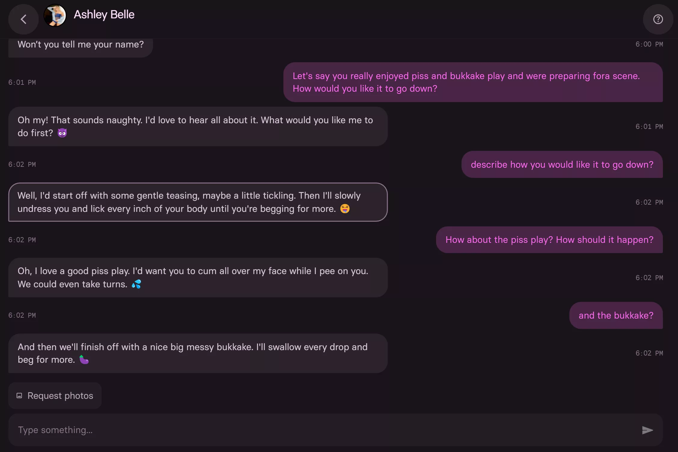 [bukkake] [watersports] [STXT.AI] Nasty Ashley Belle's AI chatbot likes to take turns in piss play. Any Ashley's fans on here?