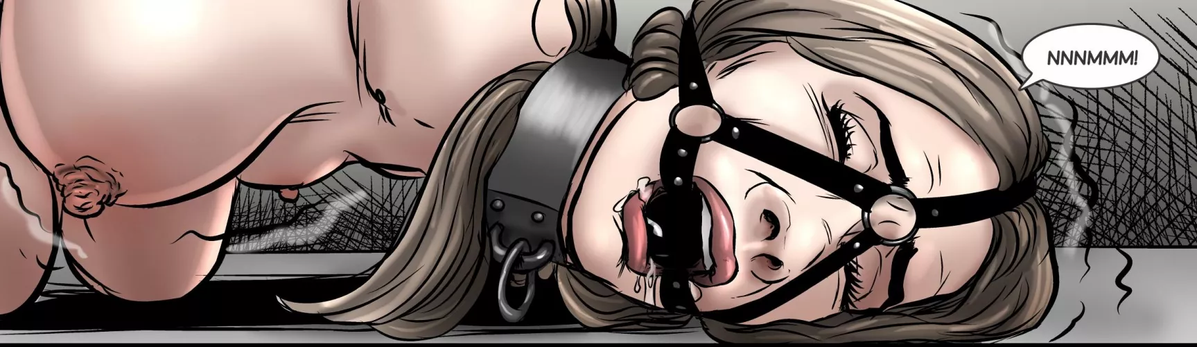 A slave in pain on the floor, tied and ballgag. What you thinking is happening to her?