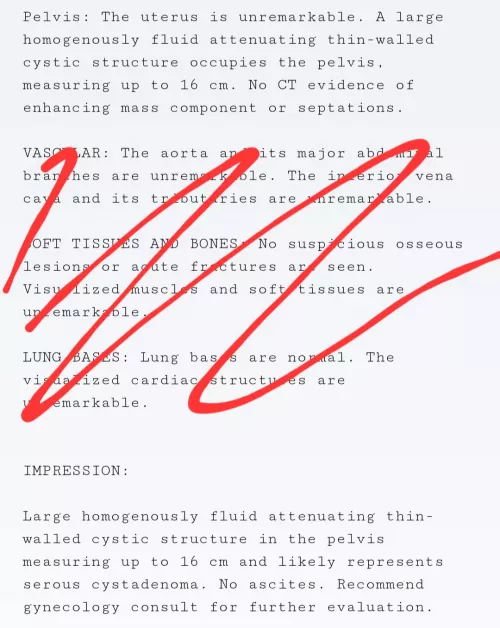CT pelvis with IV contrast results/ serous cystadenoma question