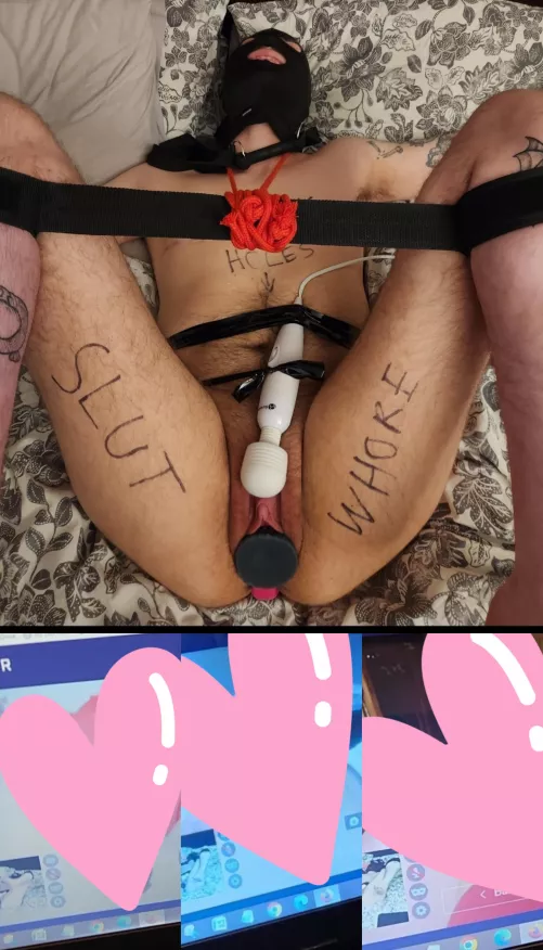 The other night. I tied my boyfriend up, plugged his hole with a knot toy, and then turned a webcam on him and let LOADS of guys jack off to him one after another. What a slut right ? 