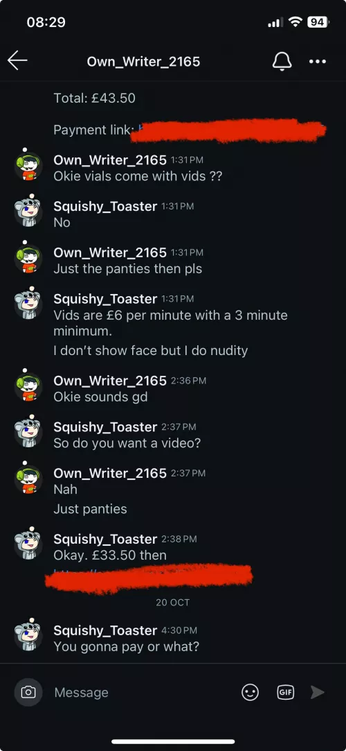 U/Own_Writer_2165 has ordered previously but now ghosts at payment. Difficult to work with too - find myself repeating the same things all the time because he can’t scroll up and read previous messages for some reason 🙃