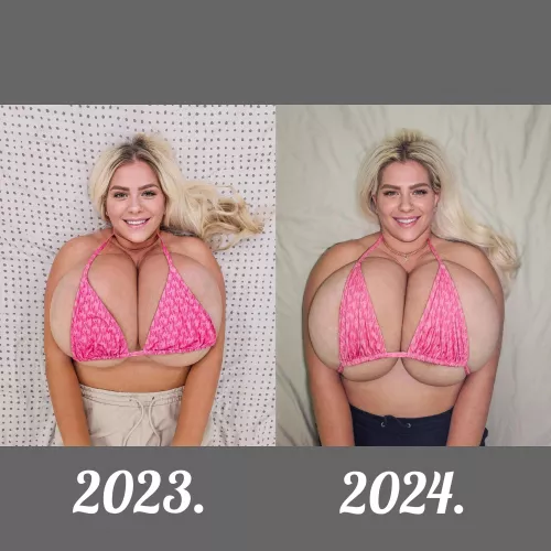 It's always fun to do this kind of comparisons. 😁 In this pose, it's less noticeable, but that poor bikini is stretched to the max. 😅 Would you like to see more comparisons?! Oh, and there's a complete 10-year timeline on my premium pages, so do