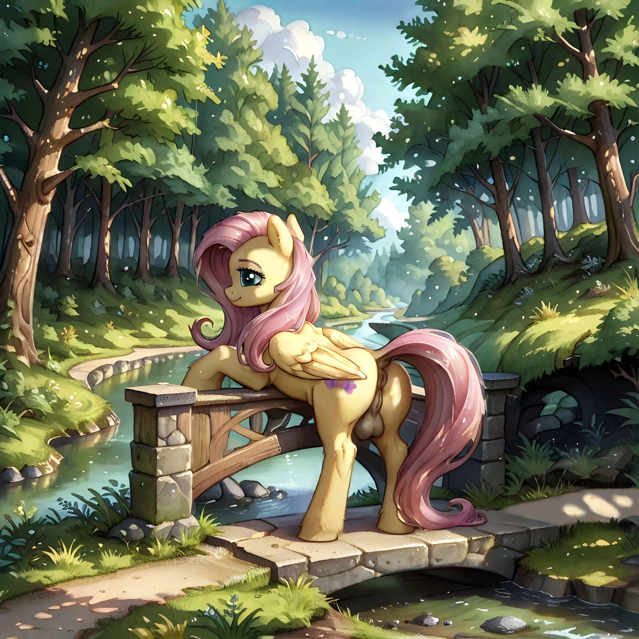 Fluttershy on a walk (AI assist, futanari, prompter:me)