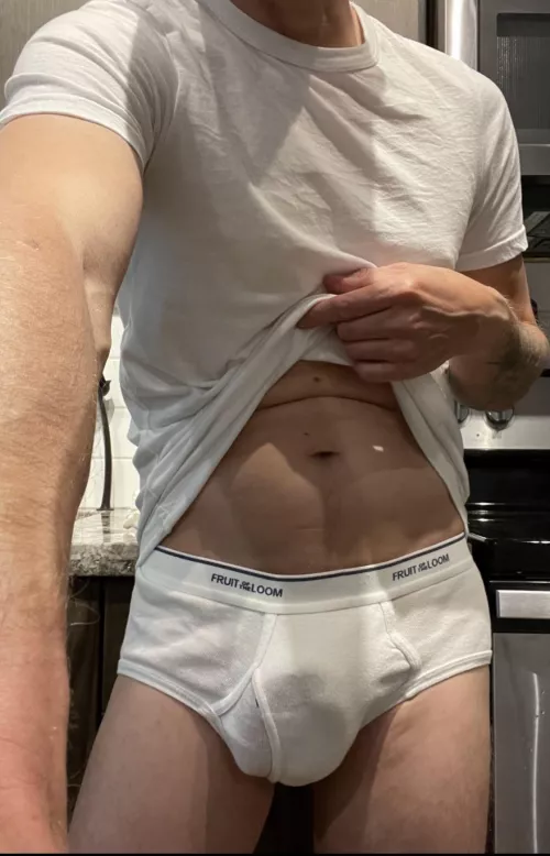 I always find myself in white briefs and a white t-shirt. 