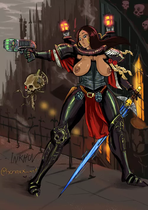 Oh! My chestplate flew off in the middle of defending Hive City :$ (@hornxx_art) source below
