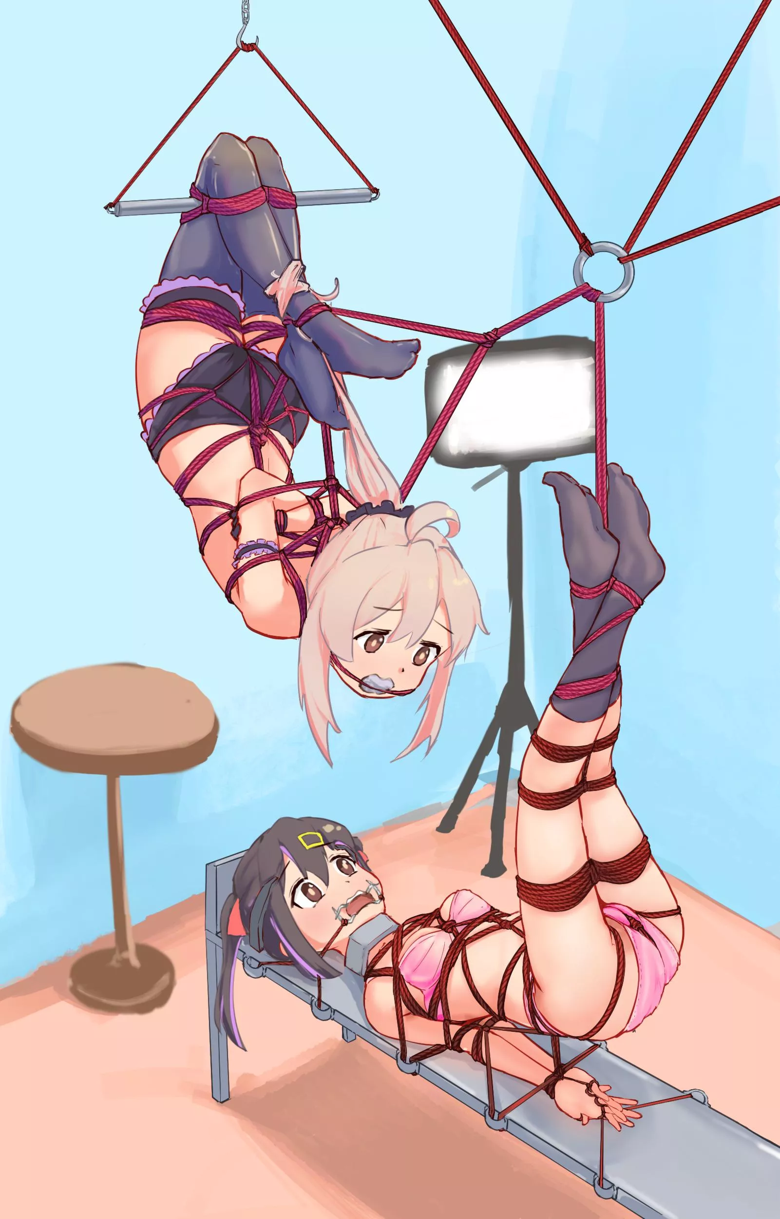 Our captor left us like that, saying he'd be back soon. It's been hours now...