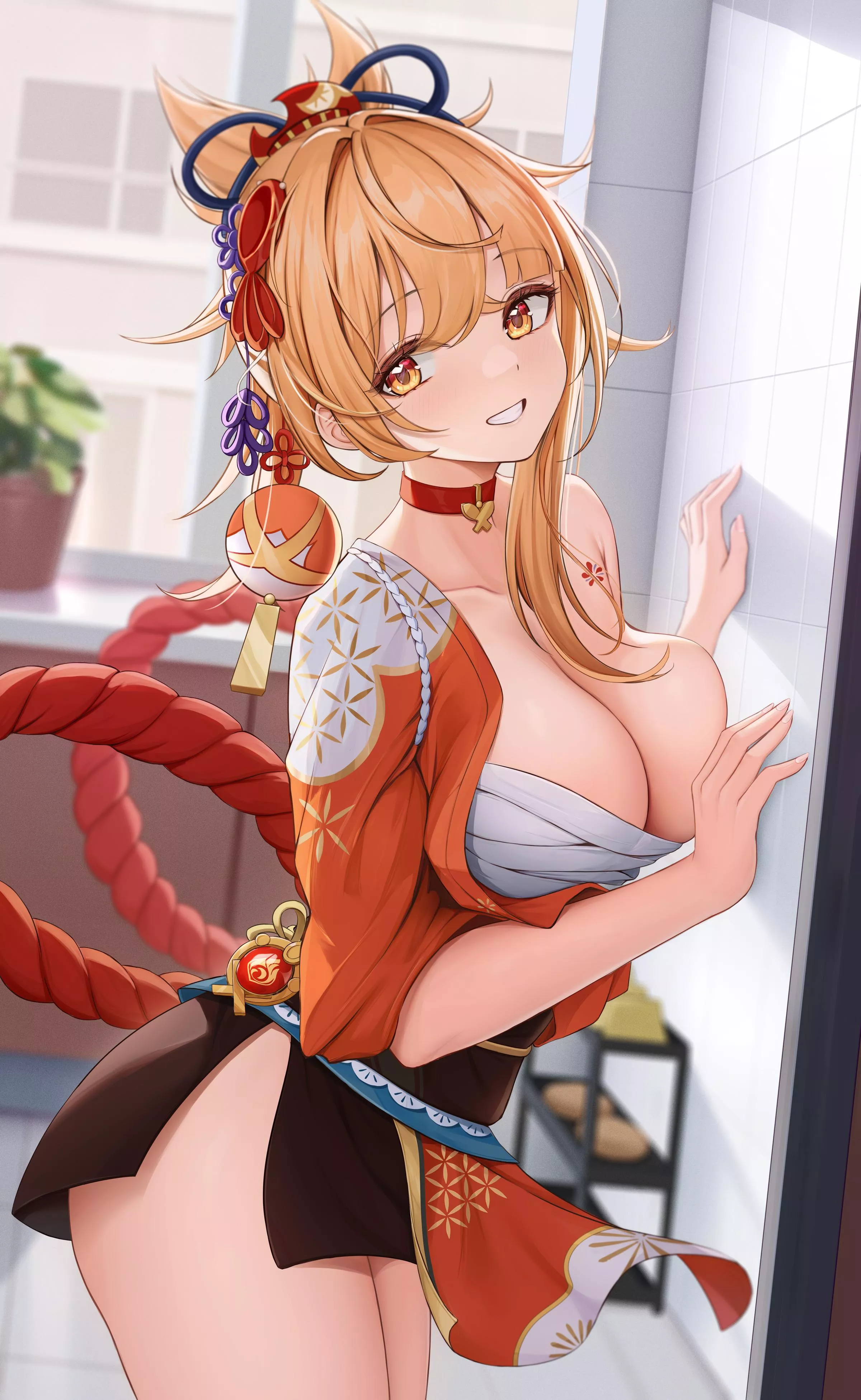 Yoimiya against a wall