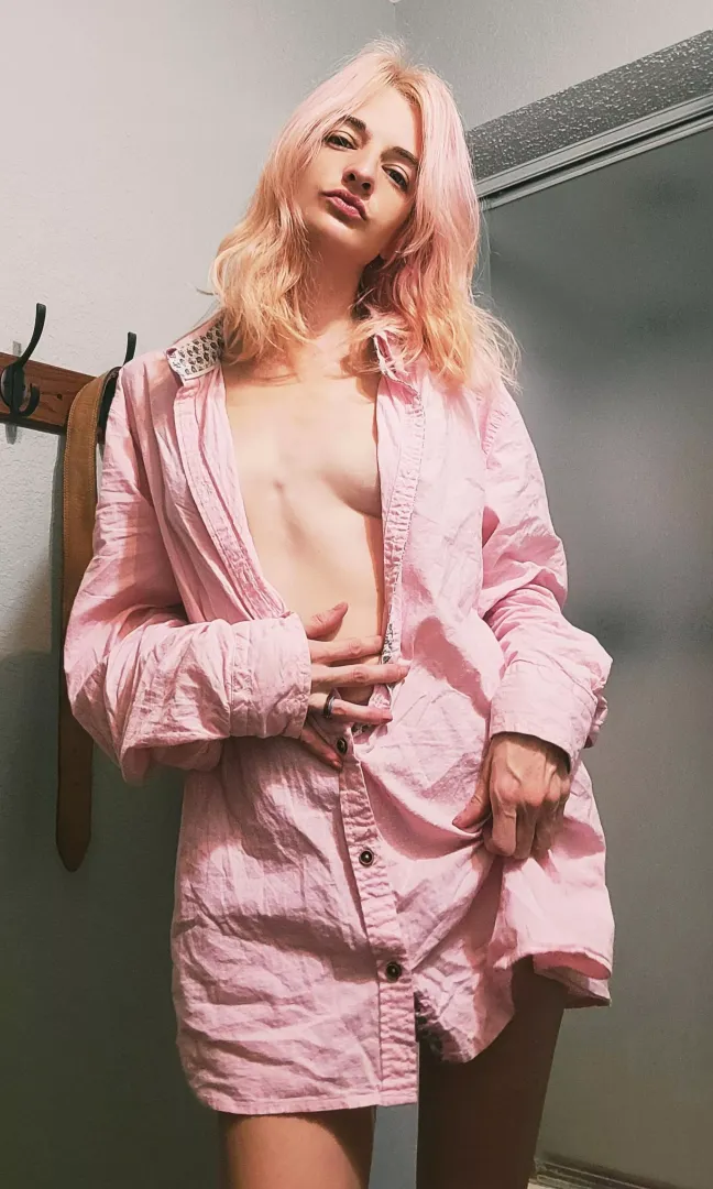 Looking too cute in my husband's button-up shirt this morning 🥰 