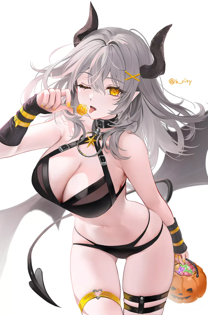 Stelle dressed as a succubus for Halloween 