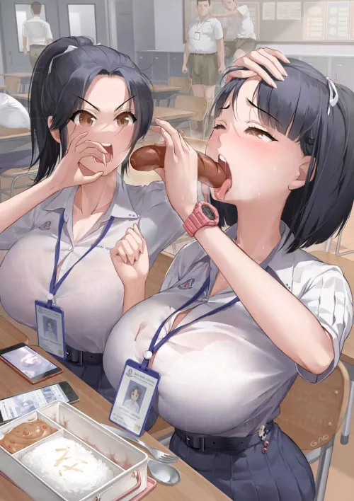 Nanami showing her classmate how to suck a 'sausage' (gao-lukchup)