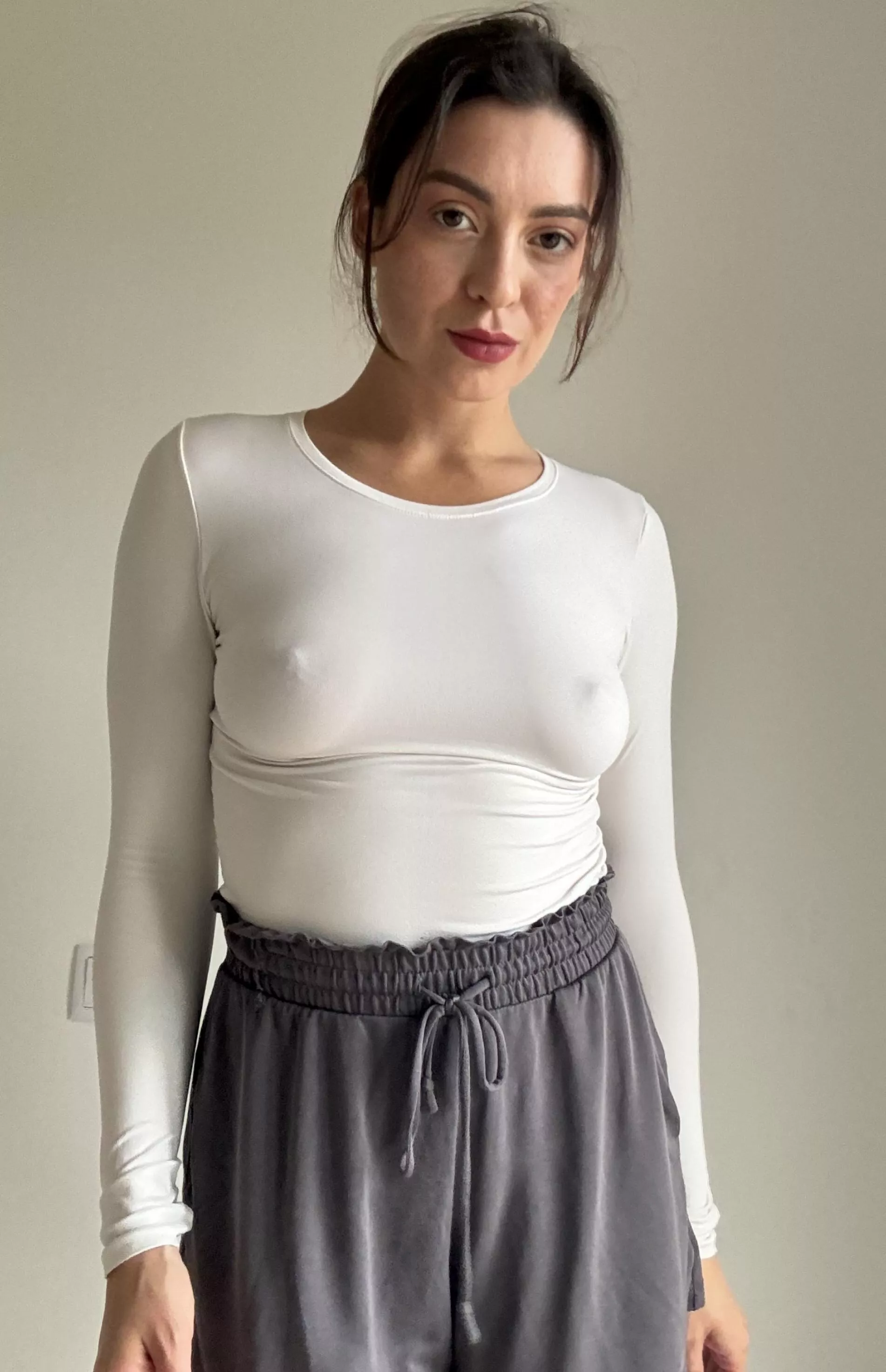 Braless in a white tight outfit is the best