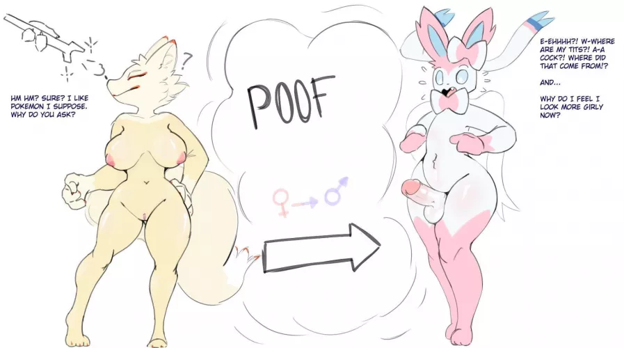I’d been quite proud of my femininity when I was a woman, but being a femboy Sylveon isn’t the same at all! Doesn’t help that I now have a fat cock, and I’m constantly getting groped by my own Sylveon ribbons, which have a totally perverted mind 