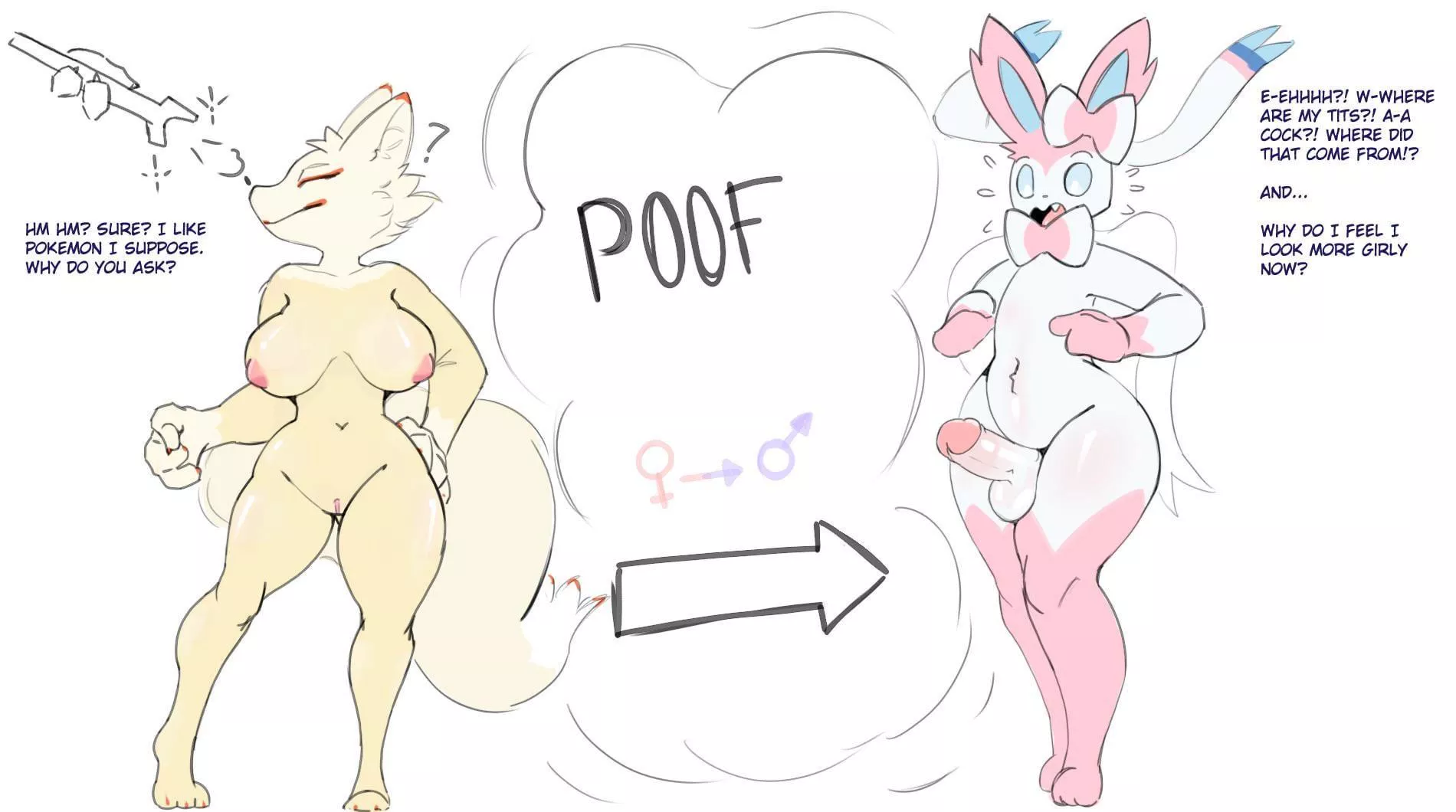I’d been quite proud of my femininity when I was a woman, but being a femboy Sylveon isn’t the same at all! Doesn’t help that I now have a fat cock, and I’m constantly getting groped by my own Sylveon ribbons, which have a totally perverted mind 