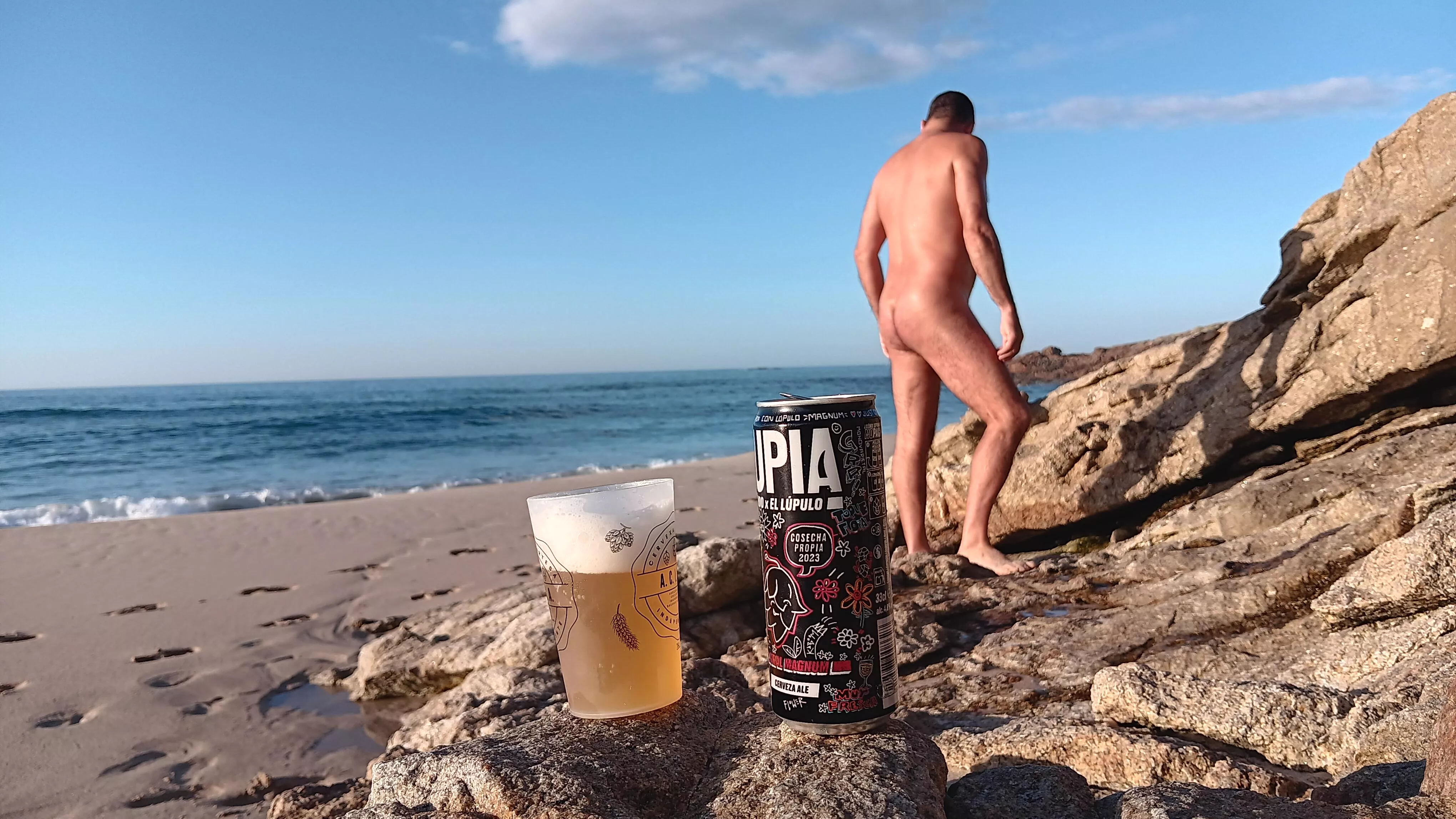 Lupia at the beach. Ale beer with magnum hop and sunbathing